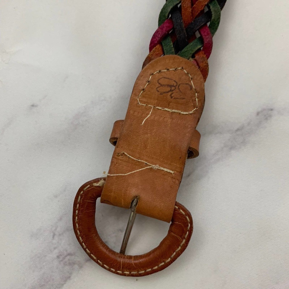 Womens Vintage Unbranded Braided Leather Belt Size 38 Rainbow Pink Purple Woven - Picture 3 of 3
